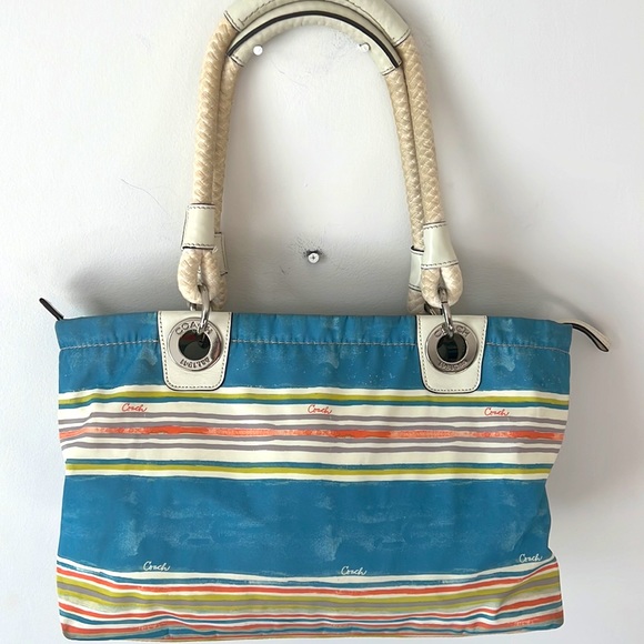 Coach Bag: No. C1171-f16624 Blue/White/Coral Vinyl Tote - Picture 2 of 9